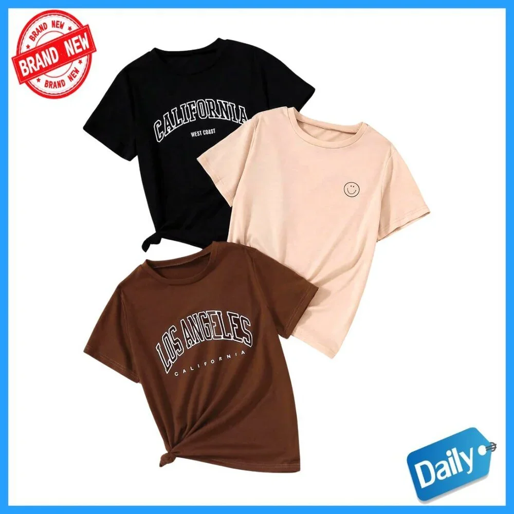 Girls' Short Sleeve Graphic Tees 3-Pack Summer Tops Crew Neck